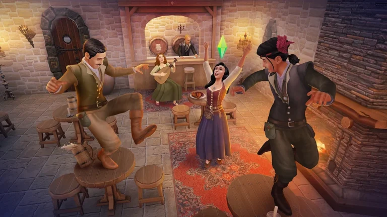 Sims con ropa medieval bailan sobre mesas de madera en una taberna mientras una Sim toca el laúd junto a la barra.