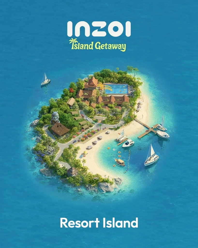Vista aérea de la isla del resort de inZOI Island Getaway, con playas, piscina, muelle y veleros.