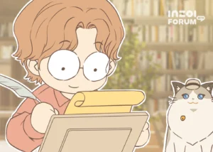 Ilustración del foro oficial de inZOI con Kjun escribiendo junto a un gato.
