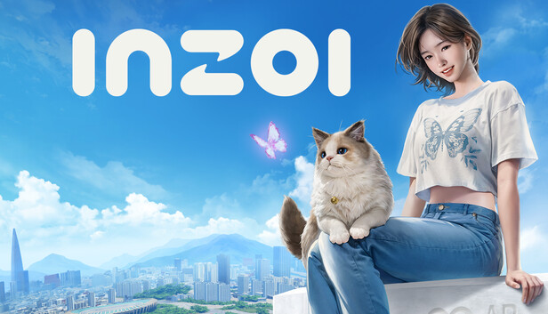 Una Zoi sentada con un gato sobre las piernas, una mariposa y el logotipo de inZOI sobre un cielo azul.