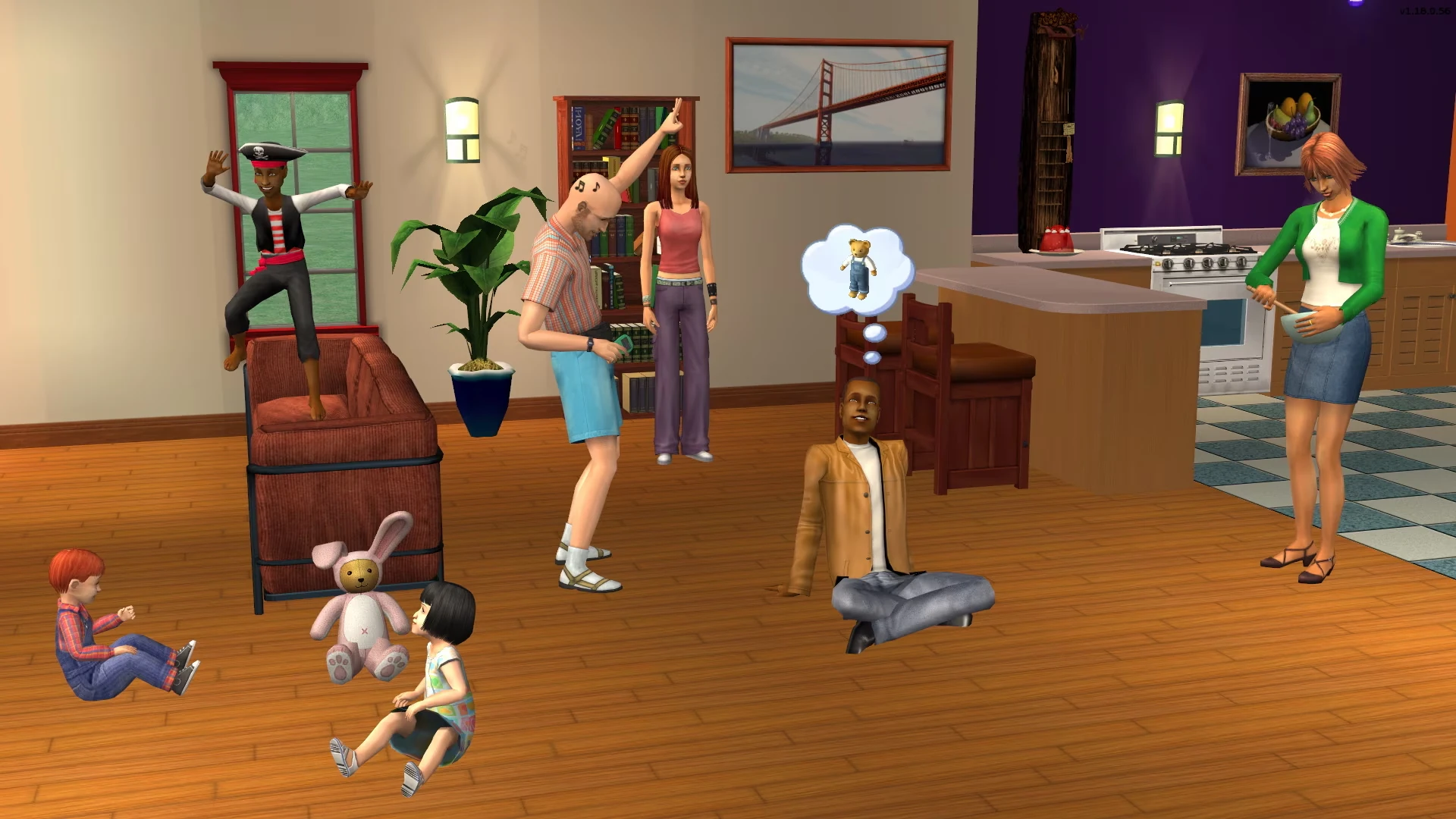 Sims adultos y niños bailan, juegan y cocinan en una casa de Los Sims 2.