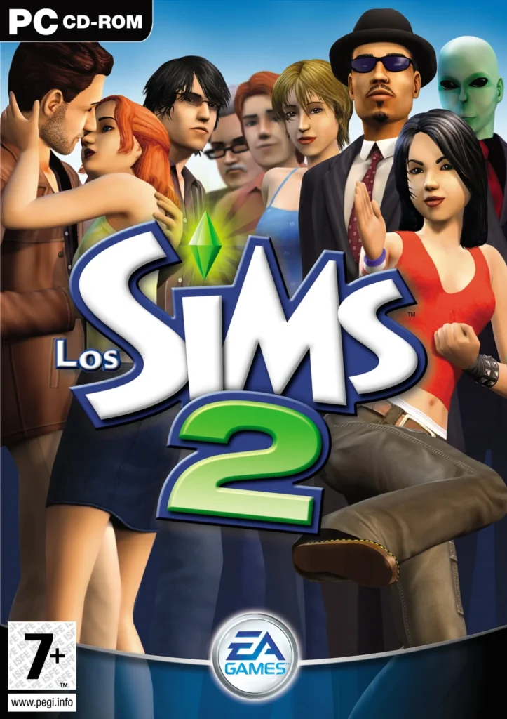 Carátula española de Los Sims 2 para PC, con los personajes, el logotipo del juego y el sello de EA Games.