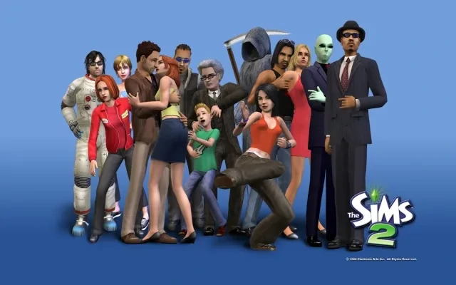 Personajes de Los Sims 2, incluidos un alienígena y la Parca, junto al logotipo sobre fondo azul.
