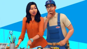Una Sim con camisa naranja junto a un reparador con overol azul y herramientas sobre una mesa.