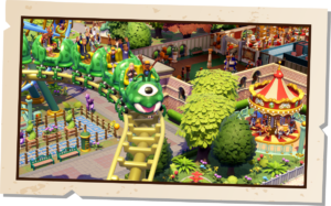 Parque de atracciones con una montaña rusa de vagones verdes en forma de criatura y un carrusel, dentro de un marco de papel.