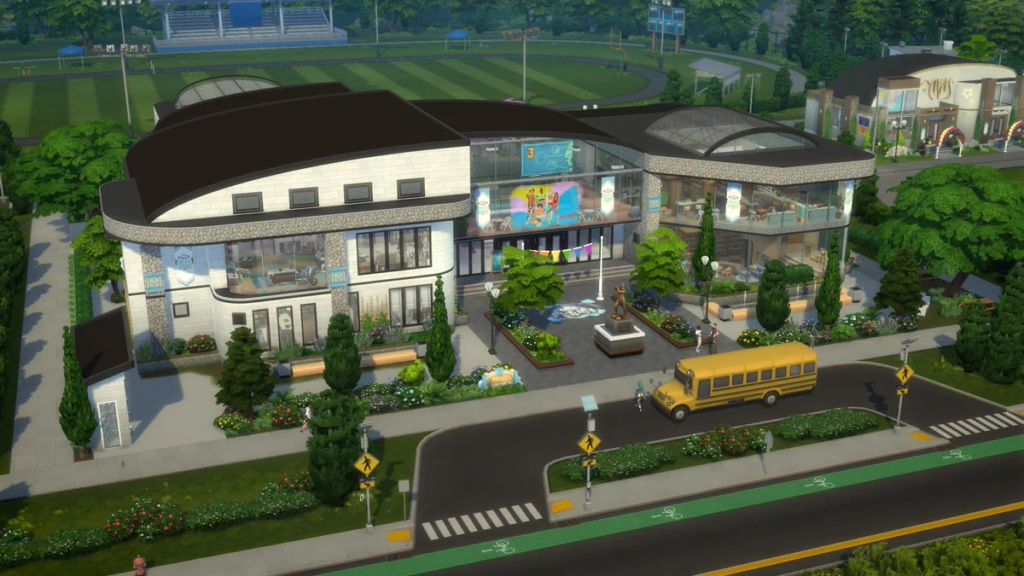 Fachada curva de Rockridge Heights High, con grandes ventanales, jardines y un autobús escolar amarillo.
