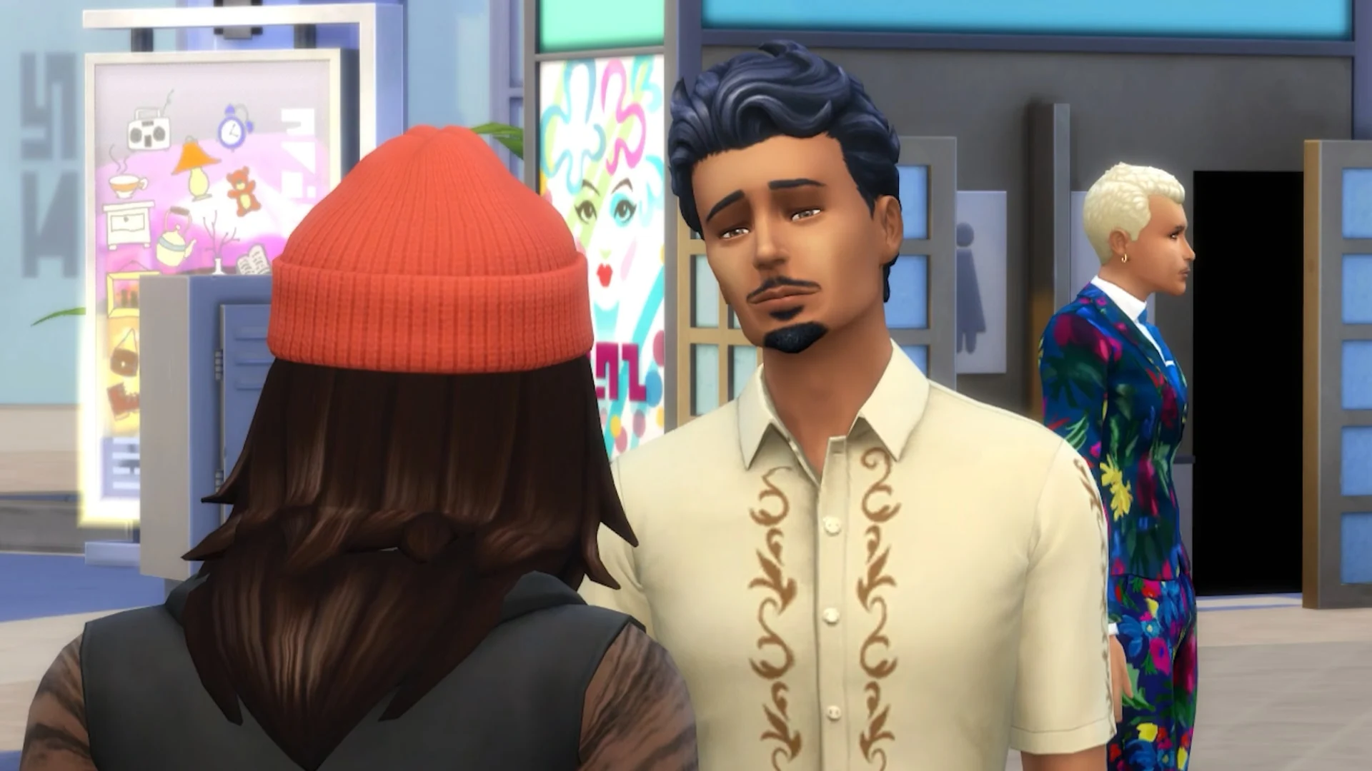 Un Sim mira a otra Sim durante una conversación en Los Sims 4.
