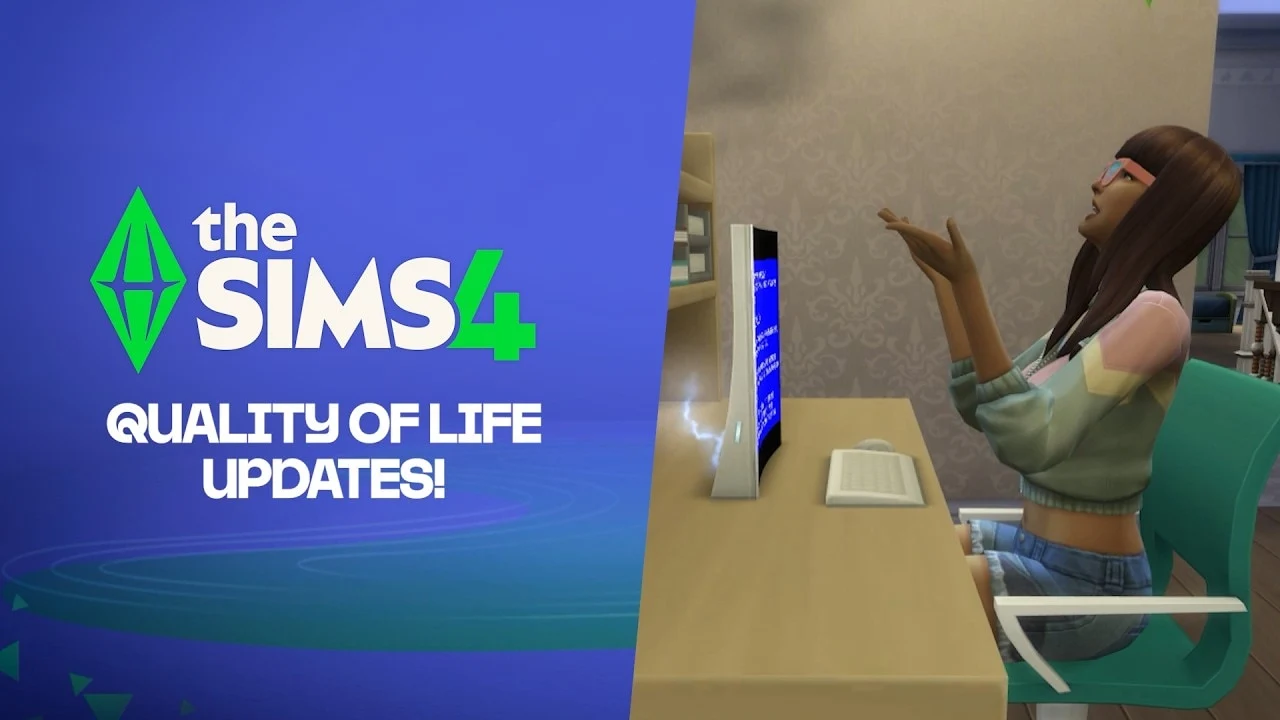 Promoción de las mejoras de calidad de vida de Los Sims 4 con una Sim ante un ordenador averiado.