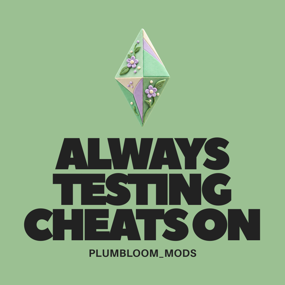 Portada de Always Testing Cheats: plumbob decorado sobre fondo verde y nombre del mod