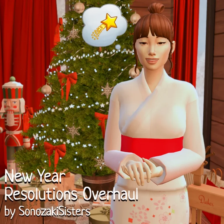 Sim celebrando junto a un árbol de Navidad; portada de New Year Resolutions Overhaul