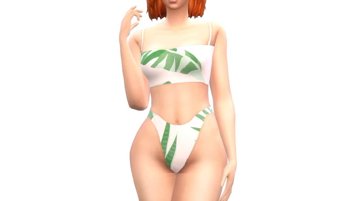 Detalle del bañador Artie de TipTopTab con aberturas y hojas verdes para Los Sims 4