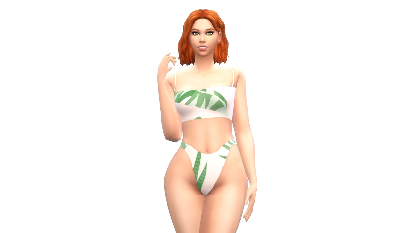 Sim con bañador Artie de TipTopTab con estampado de hojas verdes en Los Sims 4