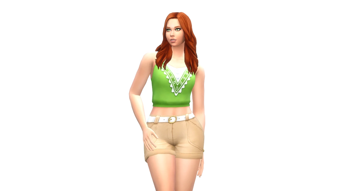 Sim con top verde Cute & Dainty y shorts beis Rolled-Trim en Los Sims 4