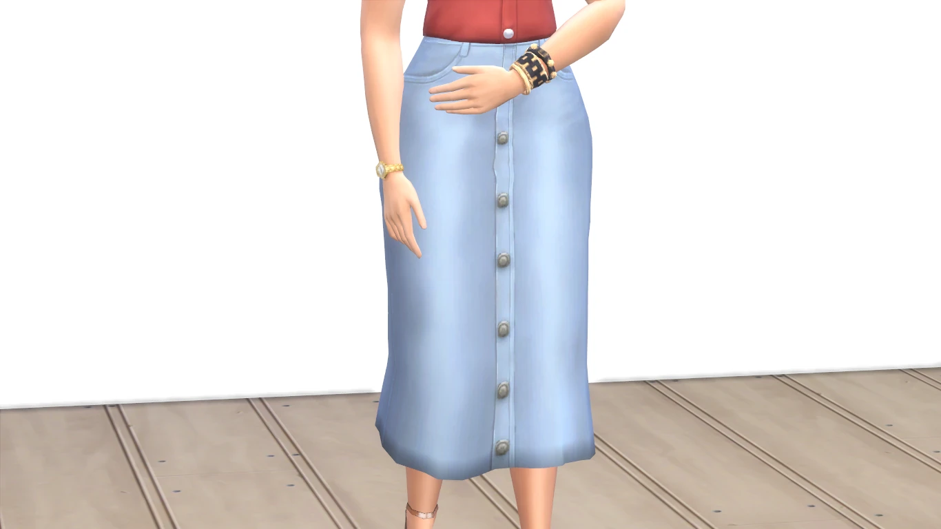 Detalle de la falda vaquera larga con botones recoloreada por Nuagelle en Los Sims 4