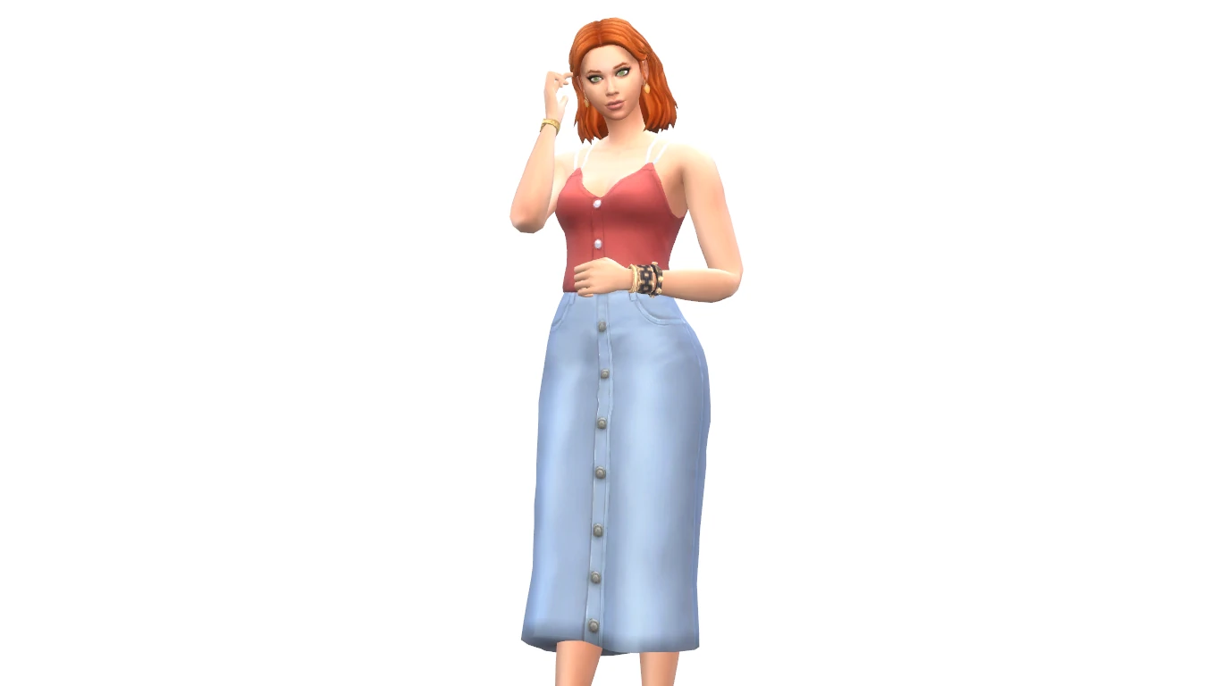 Sim con top rojo Piaf Tank y falda vaquera larga con botones en Los Sims 4