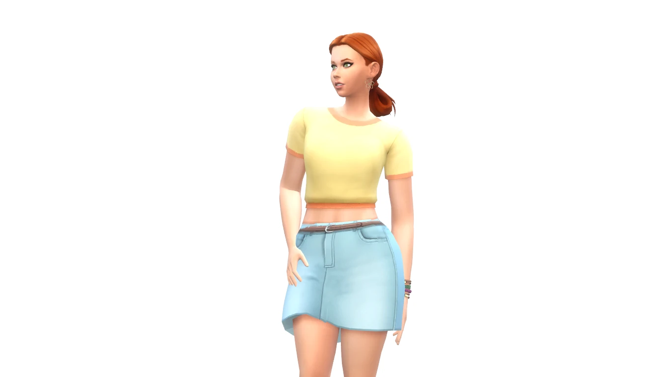 Sim con camiseta corta amarilla Ringer Crop Top y falda azul Avant en Los Sims 4