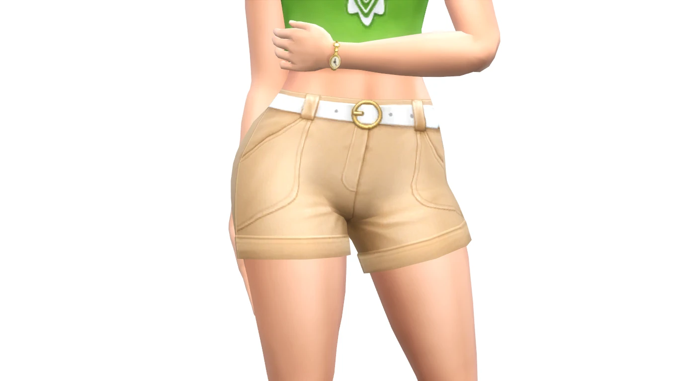 Detalle de los shorts beis Rolled-Trim de Chocooosims para Los Sims 4