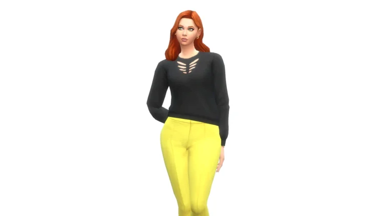 Sim con suéter negro de Emmibouquet y pantalón amarillo en Los Sims 4