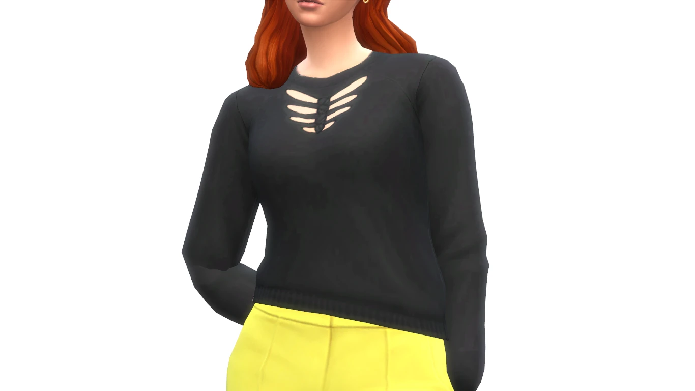 Detalle del suéter negro con aberturas en el escote de Emmibouquet para Los Sims 4