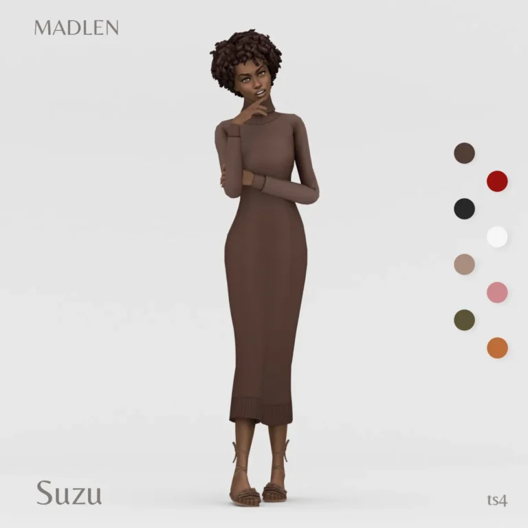 Vista previa de Suzu vestido cozy turtleneck sweater vestido, ropa de madlensims para Los Sims 4.