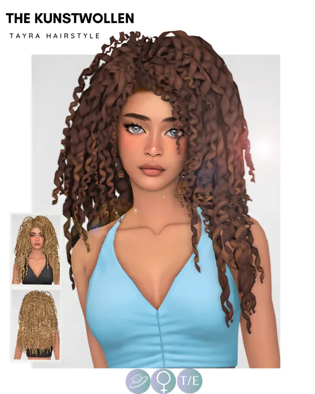 Tayra: cabello largo rizado de The Kunstwollen para Los Sims 4.