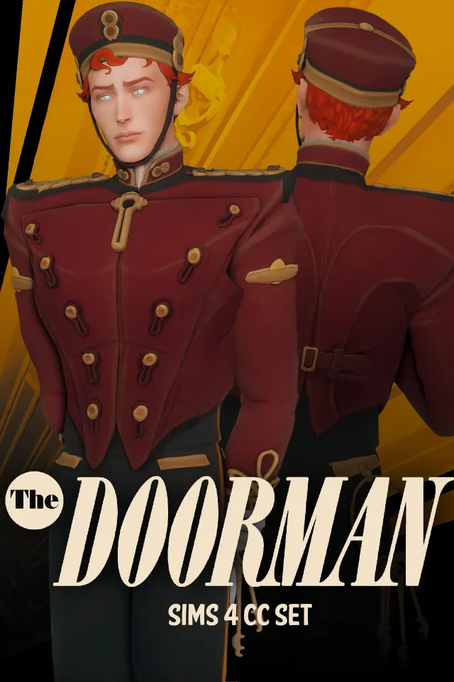 Vista previa de The Doorman TS4 CC conversiones - Hat, Top, Bottom, and Freckles, detalles de piel de jessiminesims para Los Sims 4.