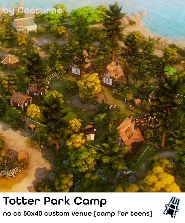 Vista previa de Totter Park Camp | Plumbite Cove, solares y habitaciones de nocturne-vi para Los Sims 4.