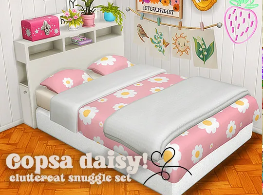 Vista previa de Ts4] Oopsa daisy! ︎ - cluttercat snuggle set bedding, contenido personalizado de lina-cherie para Los Sims 4.