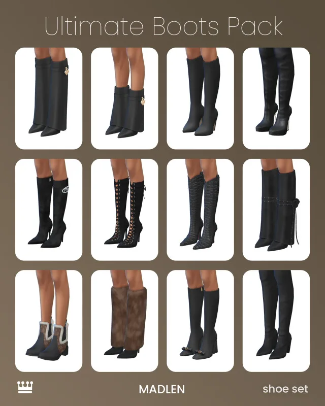 Vista previa de Ultimate boots colección were kicking off the, zapatos de madlensims para Los Sims 4.