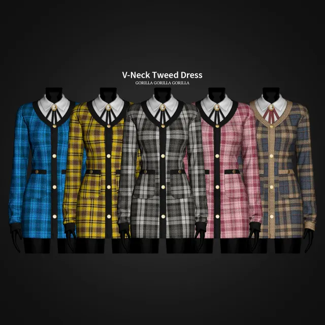 Vista previa de V-Neck Tweed vestido, ropa de gorillax3-cc para Los Sims 4.