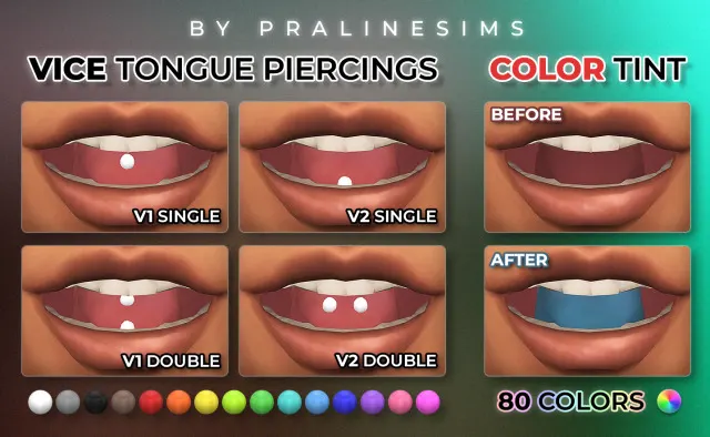 Vista previa de VICE Tongue Piercings, detalles de piel de pralinesims para Los Sims 4.
