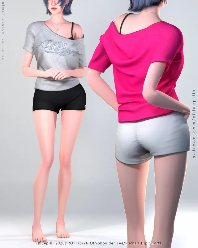Vista previa de Bluepill) 2026DROP 75/76 Off-Shoulder Tee & Shorts, ropa de bluexxxxx para Los Sims 4.