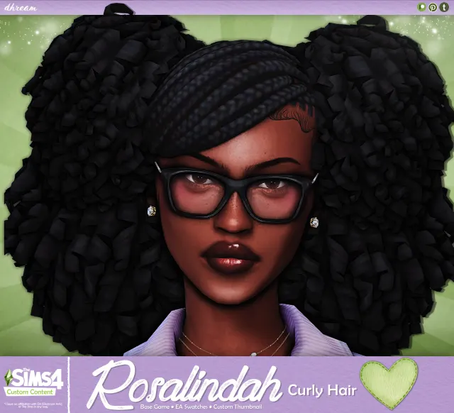 Vista previa de Cabello Rosalindah Curly, cabello de dhreamcc para Los Sims 4.