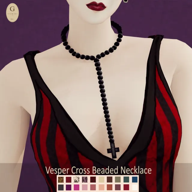 Vista previa de Download (Public) A long beaded rosary style necklace finished with a simple cross pendant, accesorios de guemarasims para Los Sims 4.