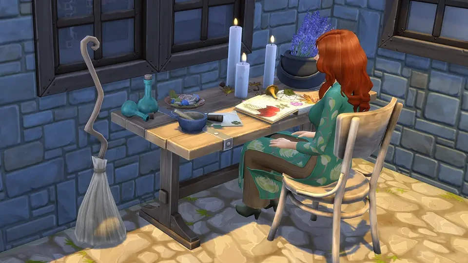 Una Sim junto a una mesa con frascos, velas y utensilios de brujería.