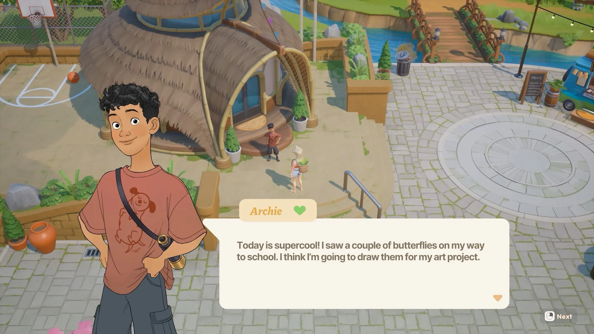 Archie adolescente conversa sobre un proyecto artístico escolar en Starlet Town