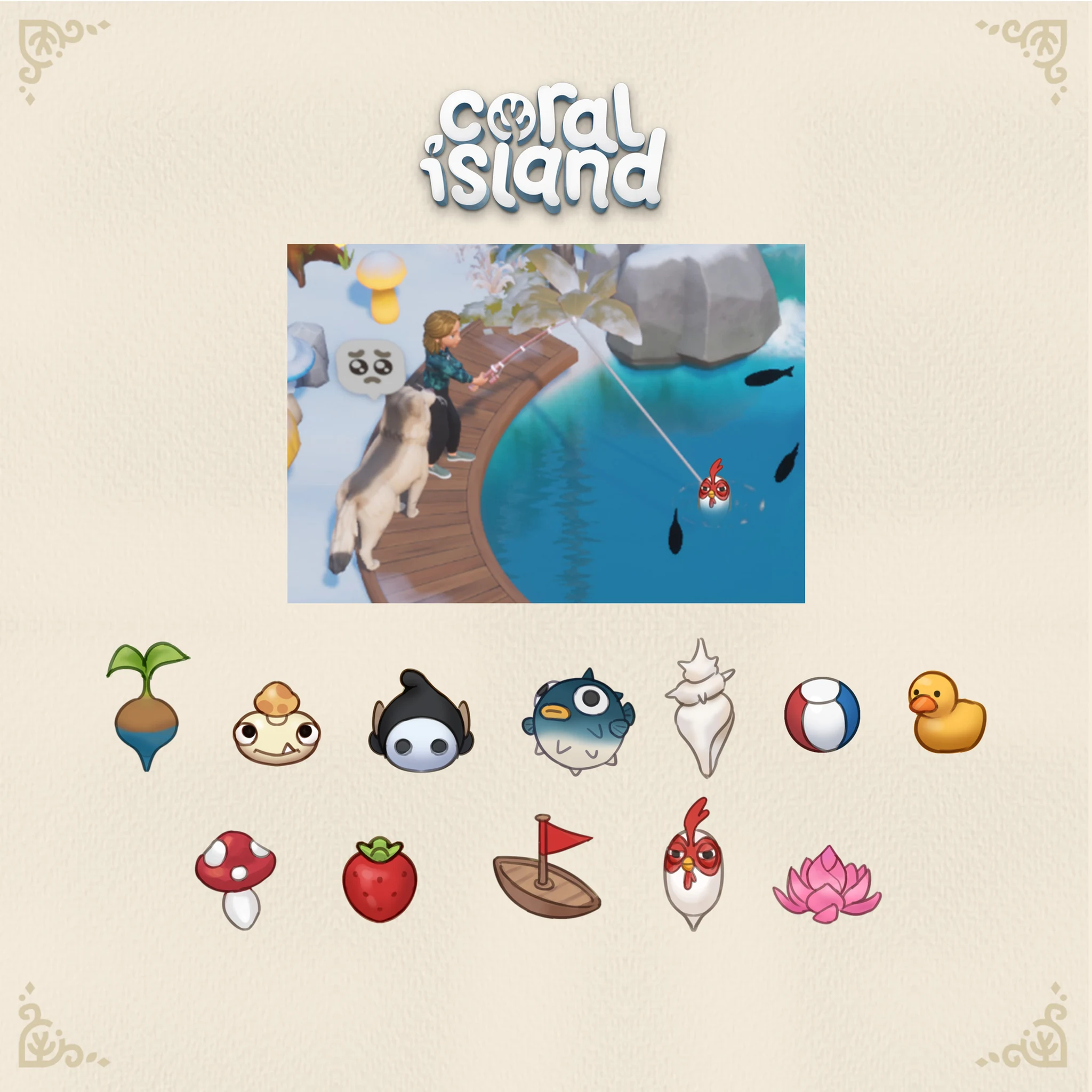 Una escena de pesca en Coral Island y doce diseños de flotadores decorativos