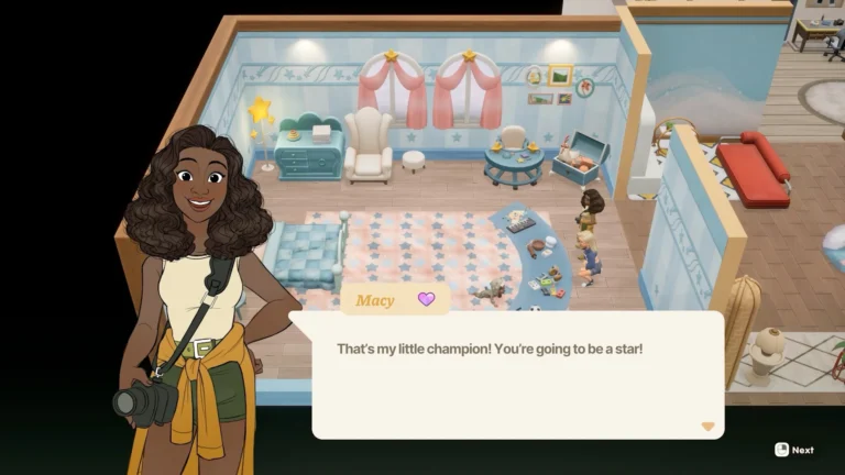 Macy sonríe durante una escena familiar en una habitación infantil de Coral Island