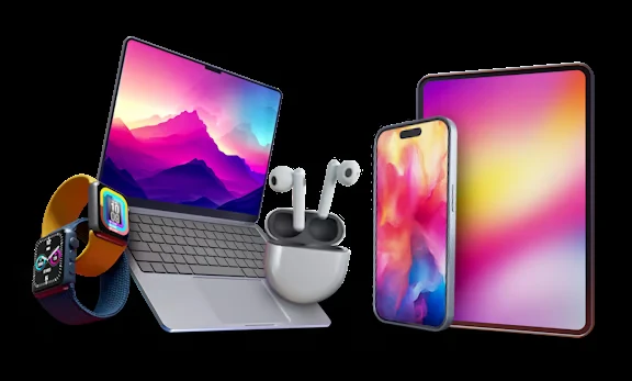 Selección de dispositivos tecnológicos de Devices Tycoon sobre fondo negro