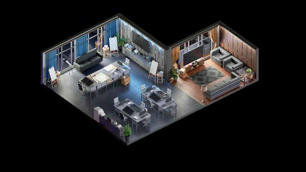 Oficina isométrica de Devices Tycoon con escritorios y una zona de descanso