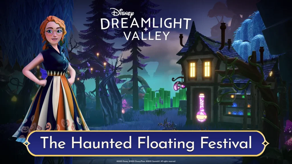 Una habitante con vestido de calabazas junto a una casa embrujada y el título The Haunted Floating Festival de Disney Dreamlight Valley.