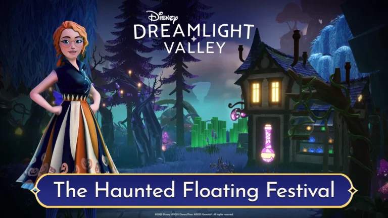 Una habitante con vestido de calabazas junto a una casa embrujada y el título The Haunted Floating Festival de Disney Dreamlight Valley.