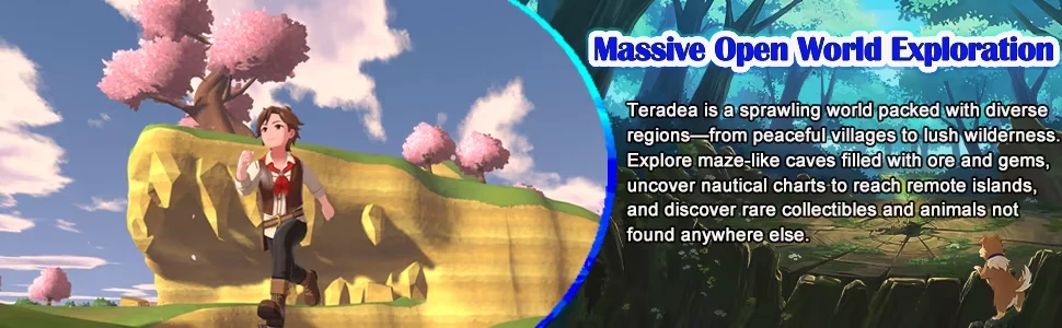 El protagonista explora un paisaje con cerezos en flor, junto a una descripción del mundo abierto.