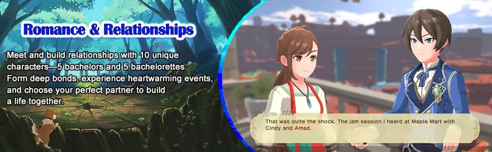 Dos personajes conversan junto a una descripción de las relaciones y el romance del juego.