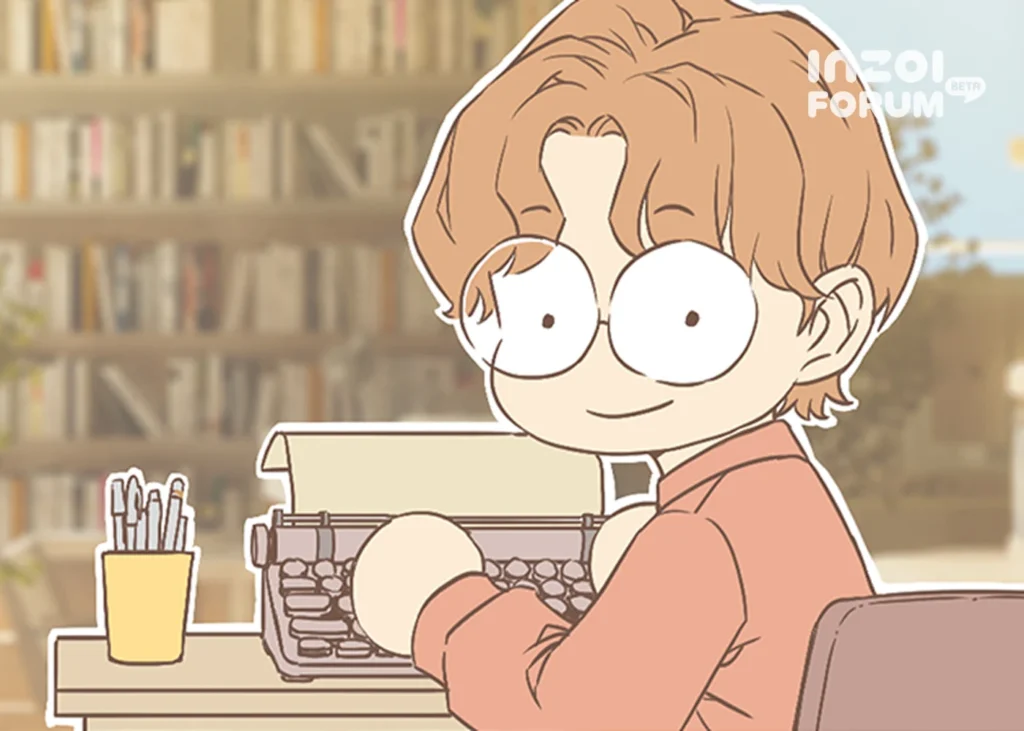 Ilustración de un personaje del foro de inZOI escribiendo en una máquina de escribir