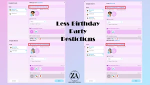 Pantallas del evento de cumpleaños de inZOI con límites de 30 invitados, dos anfitriones y tres festejados