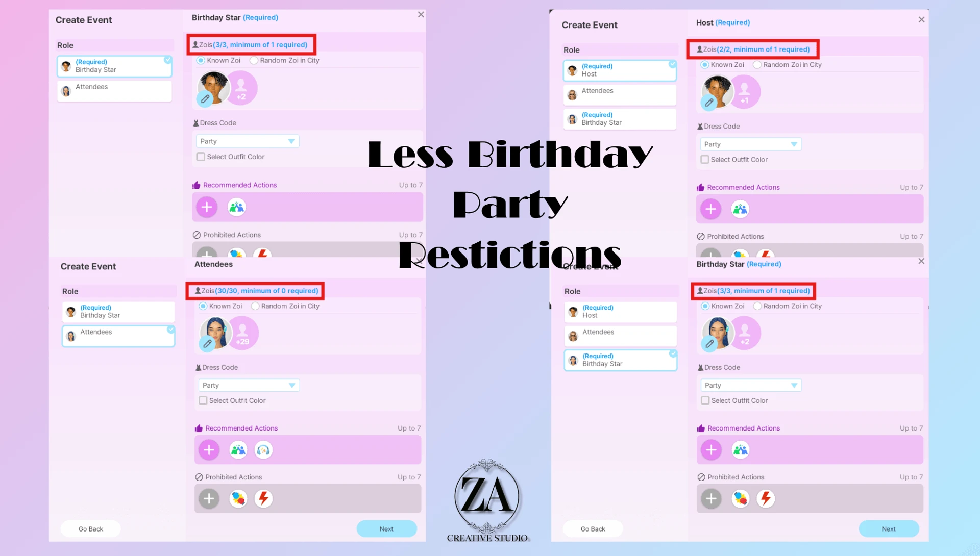 Pantallas del evento de cumpleaños con límites de 30 invitados, dos anfitriones y tres festejados