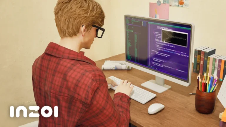 Un Zoi con gafas y camisa roja trabaja frente a un monitor con código, junto al logotipo de inZOI.