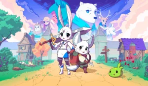 Alice y Dusty con sus armas ante un pueblo de fantasía, rodeados de otros personajes de Kitaria Fables 2.