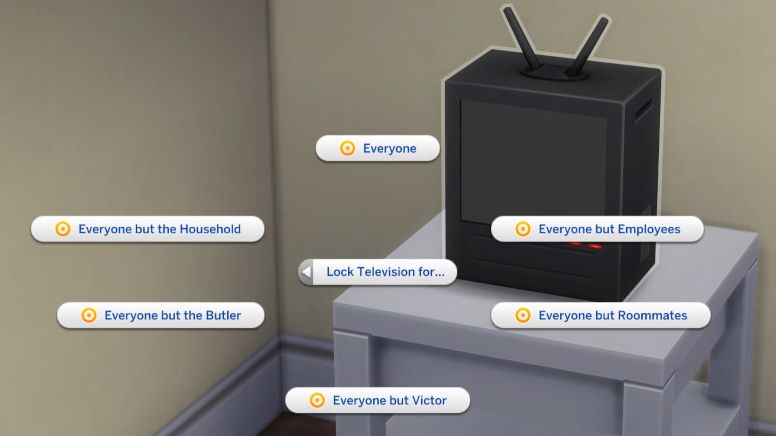 Televisor con opciones para bloquear su uso a distintos grupos de Sims